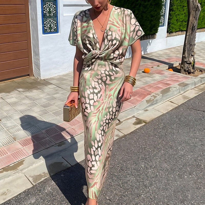 Women's Spring Fashion Knot Printed Sexy High Dress
