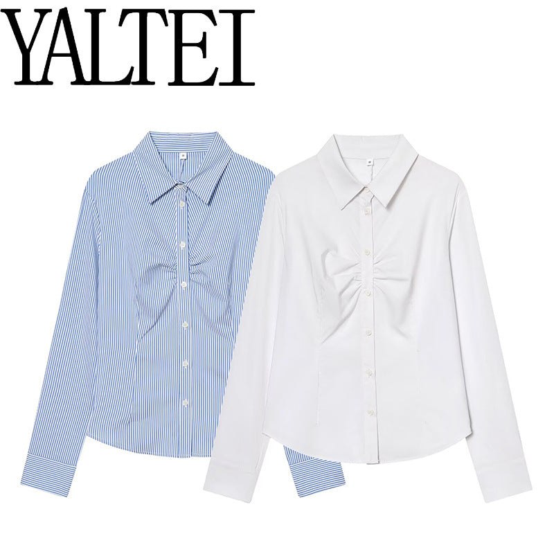 Women's Fashionable Simple Style Lapel Pleated Slim Blouse