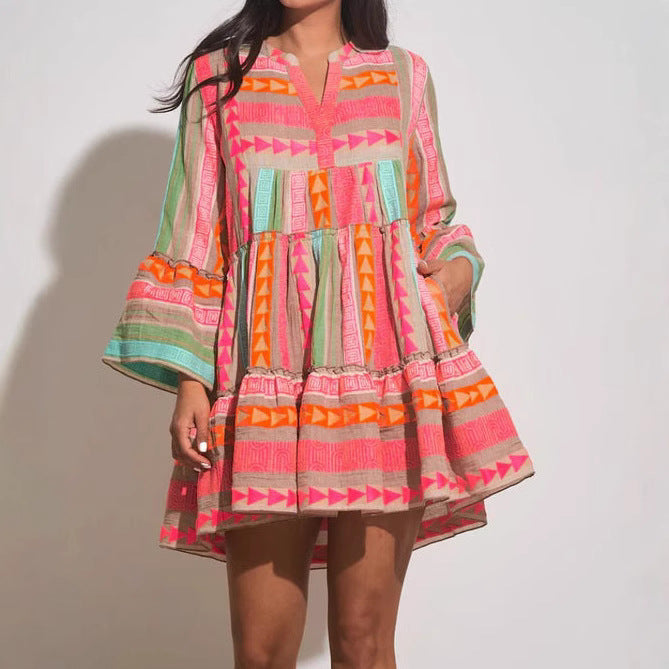 Slouchy Fashion Printing Stand-up Collar Sleeve Dress