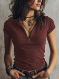 Women's Knitted Fabric Classic Zipper Collar Sleeve Tops