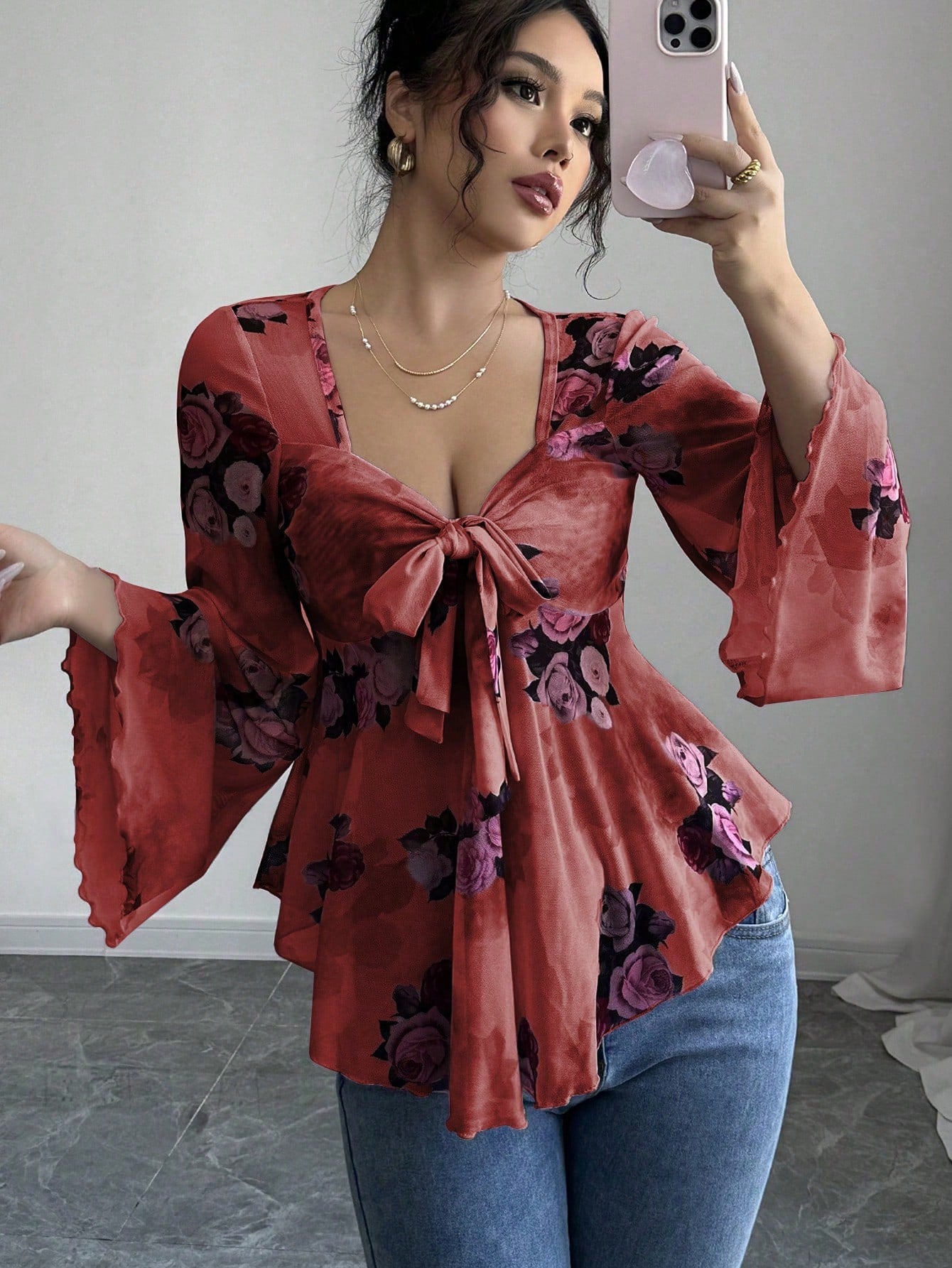Design Sense French Sweet Flower Blooming Square Collar Long Blouse