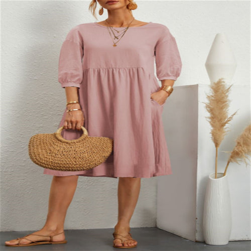 Cotton Linen Solid Color Lantern Sleeve Pleating Loose Skirts