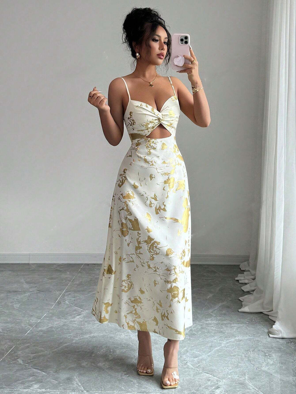 Women's Elegant Backless Beach Travel For Fully Golden Foil Print Dress