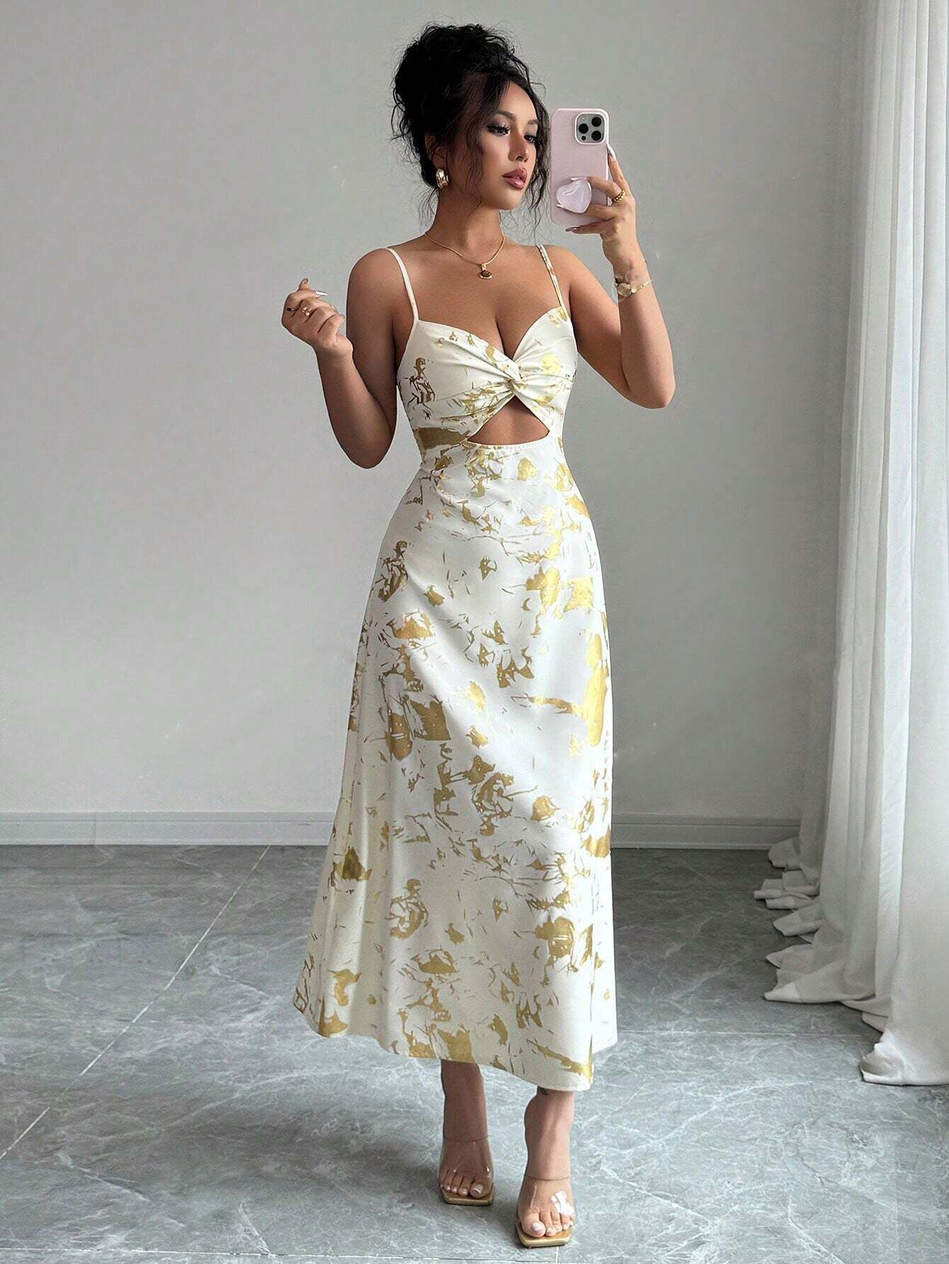 Women's Elegant Backless Beach Travel For Fully Golden Foil Print Dress