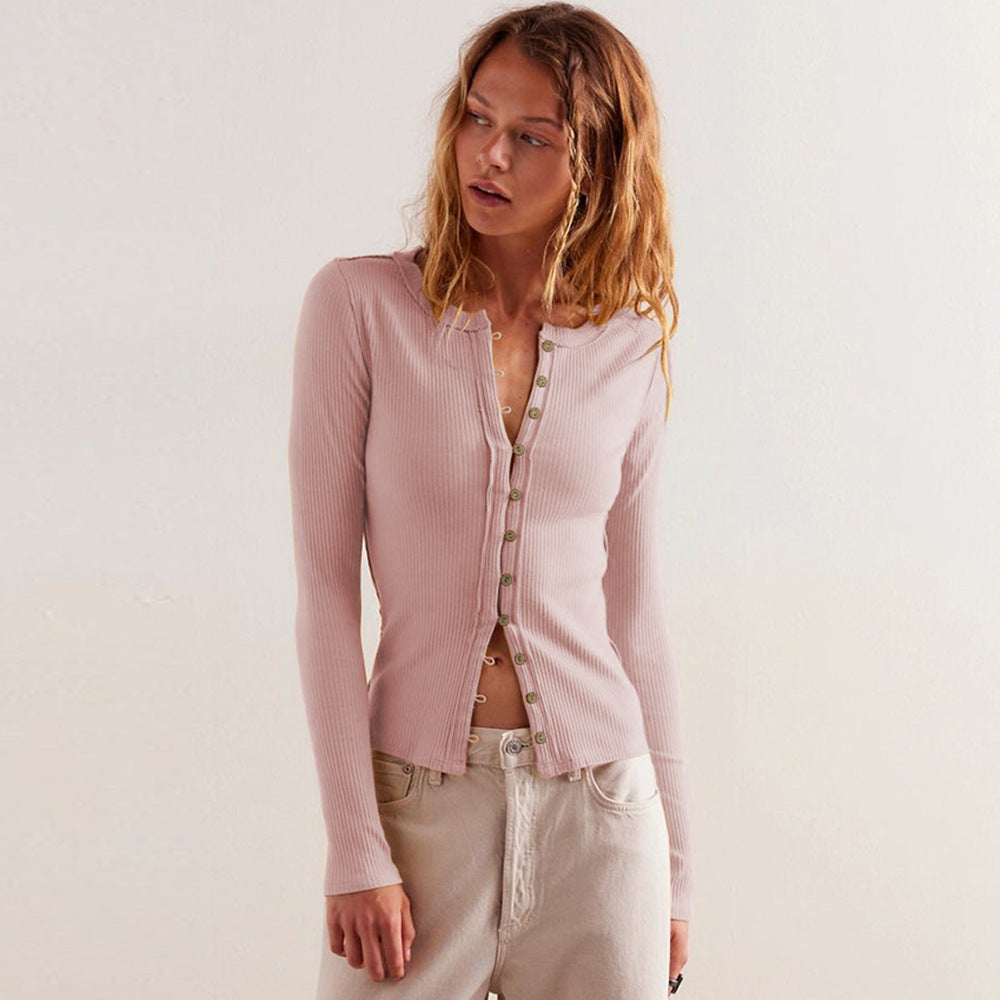 Women's Fashion Wear Long Sleeve Round Neck Button Rib Pure Color Women's Sweater
