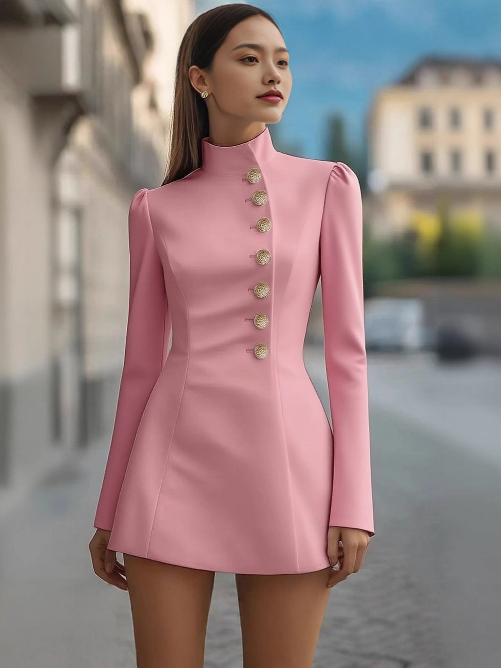 Women's Autumn Elegant Solid Color Sleeve Stand Collar Single-breasted Dress