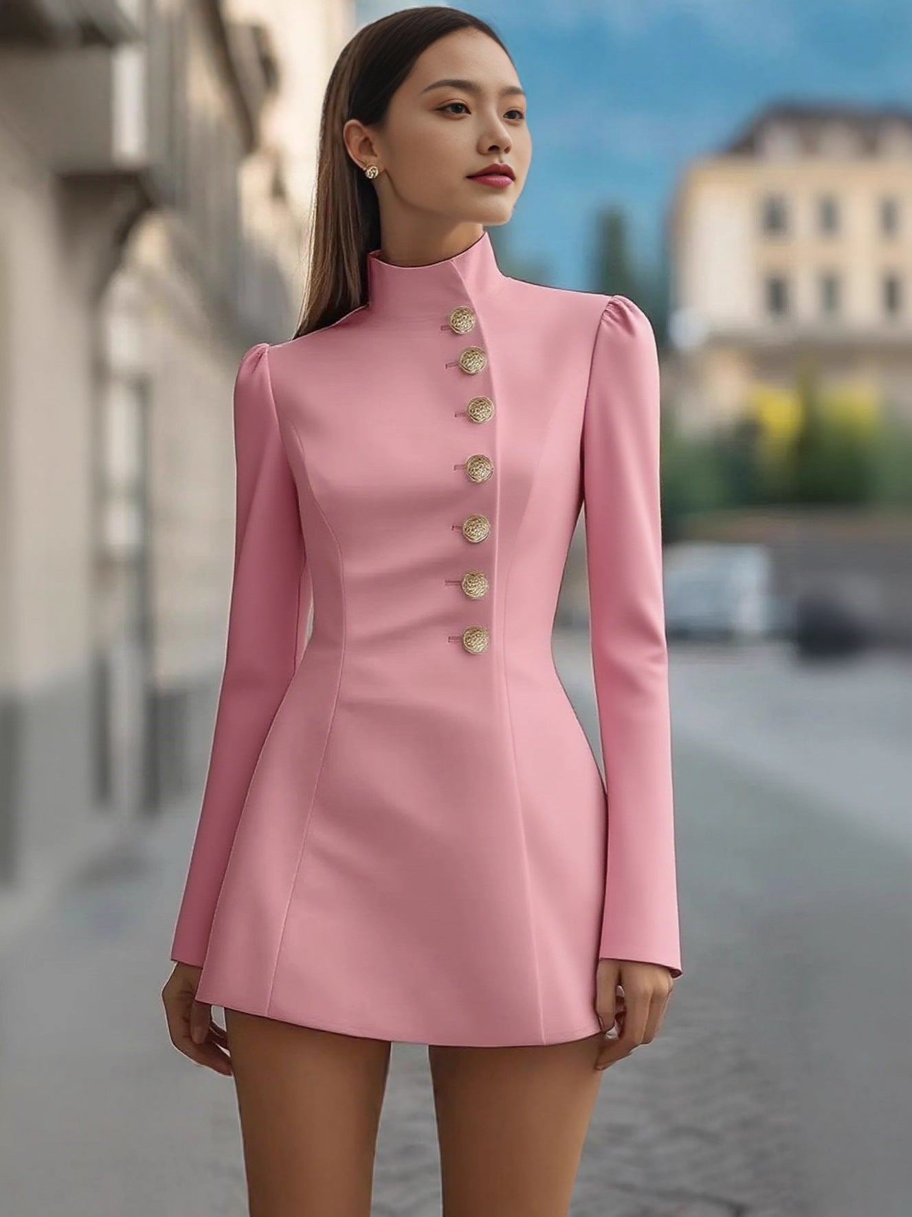 Women's Autumn Elegant Solid Color Sleeve Stand Collar Single-breasted Dress