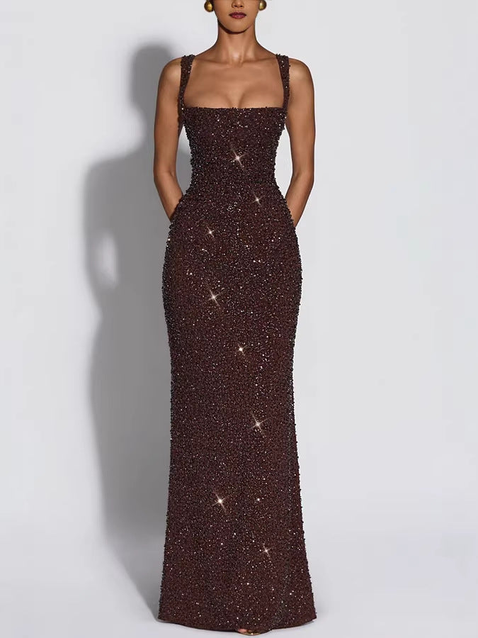 Women's Sequin Sling Slim Fit Tied Sleeveless Dress