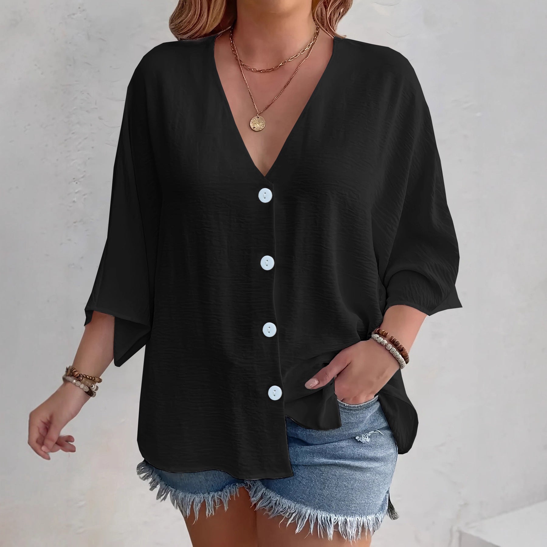 Women's Buttons Ice Silk Wrinkle Solid Color Clothing