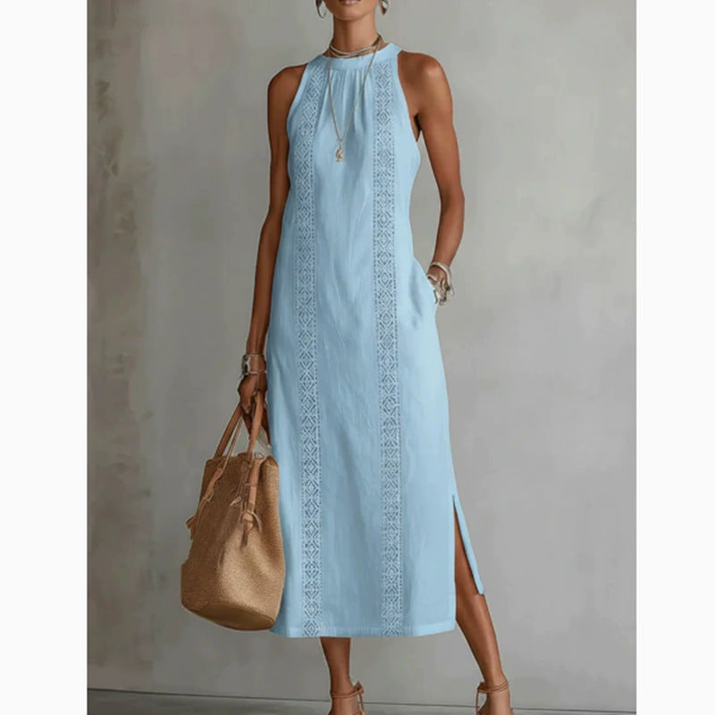 Women's Round Neck Sleeveless Lace Split Solid Color Cotton Dress
