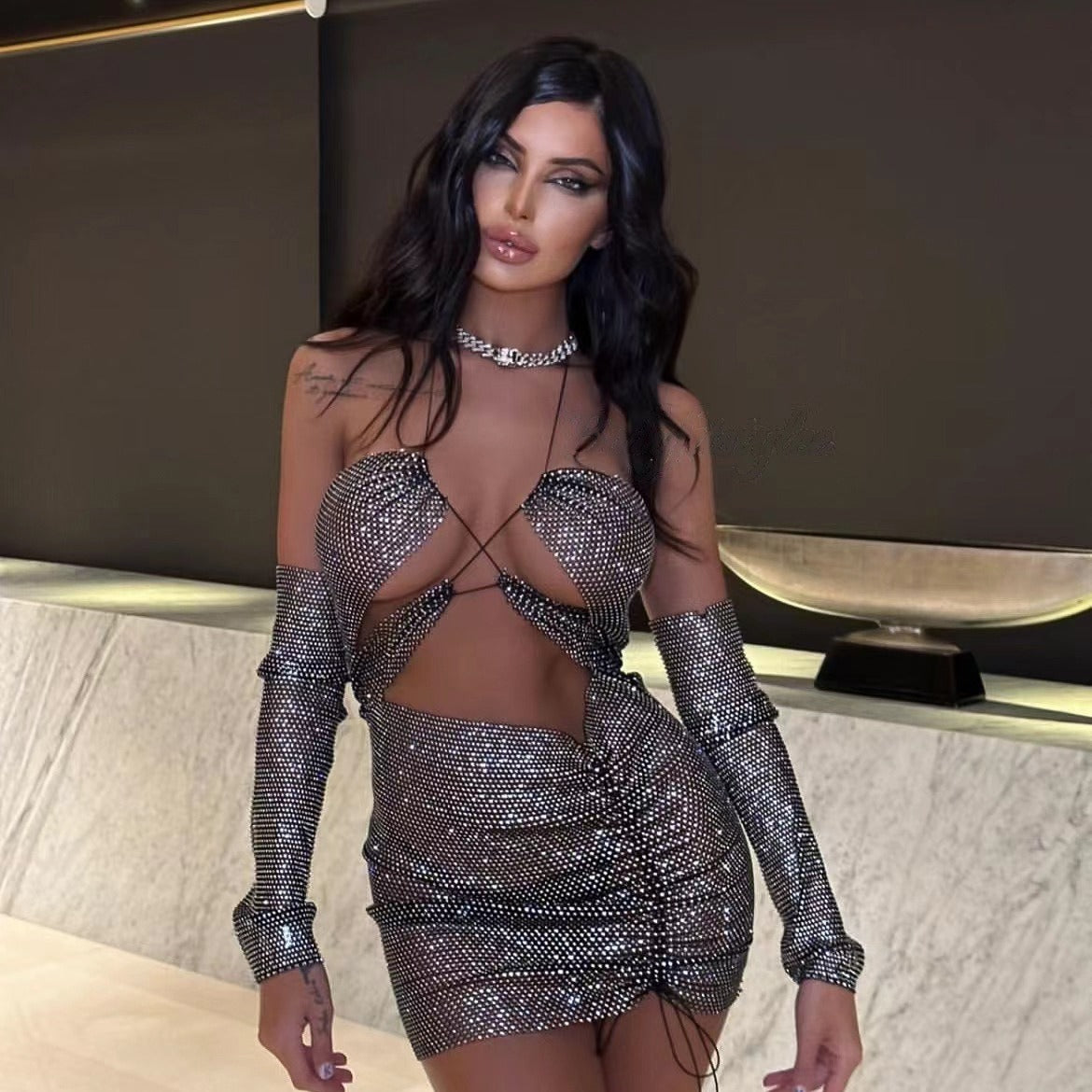 Style Sexy Waist Trimming Halter Fishnet Dress