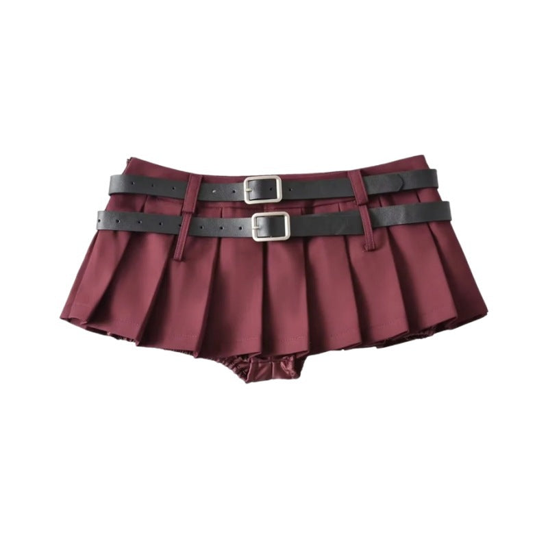 Women's American Niche Double Belt Design Hot Pleated A- Line Skirt