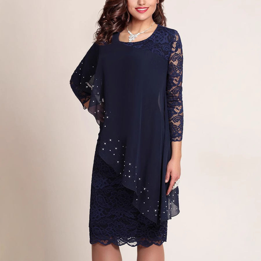 Large Solid Color Lace Stitching Elegant Cropped Dress