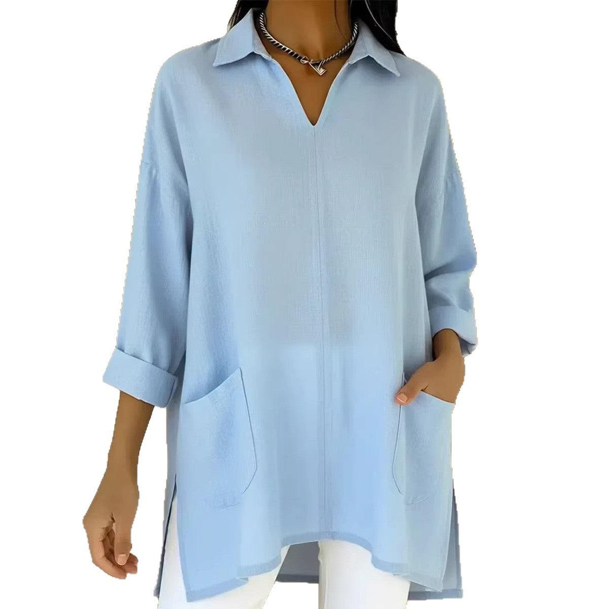 Women's Spring Fashion Solid Color Thin Pocket Blouse