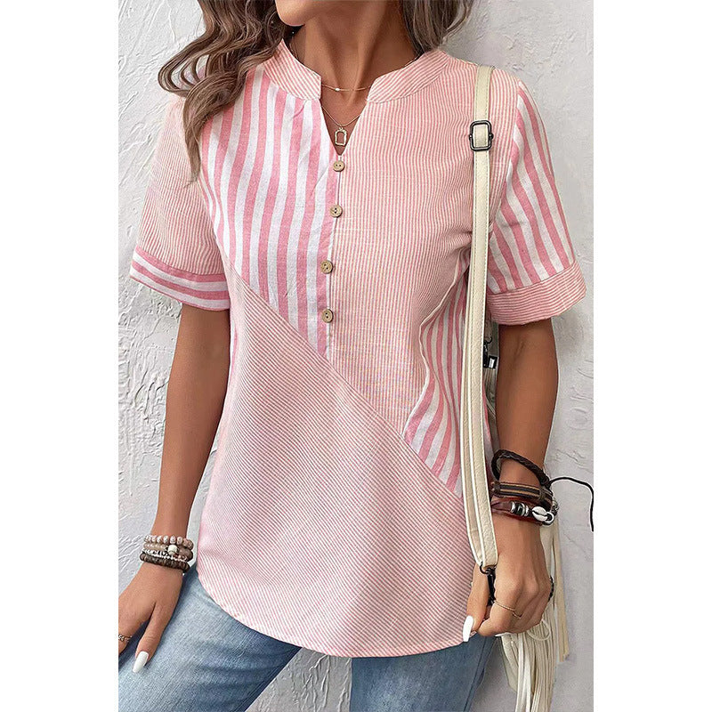 Women's Shirt Asymmetric Striped Stitching Cotton Linen Blouse