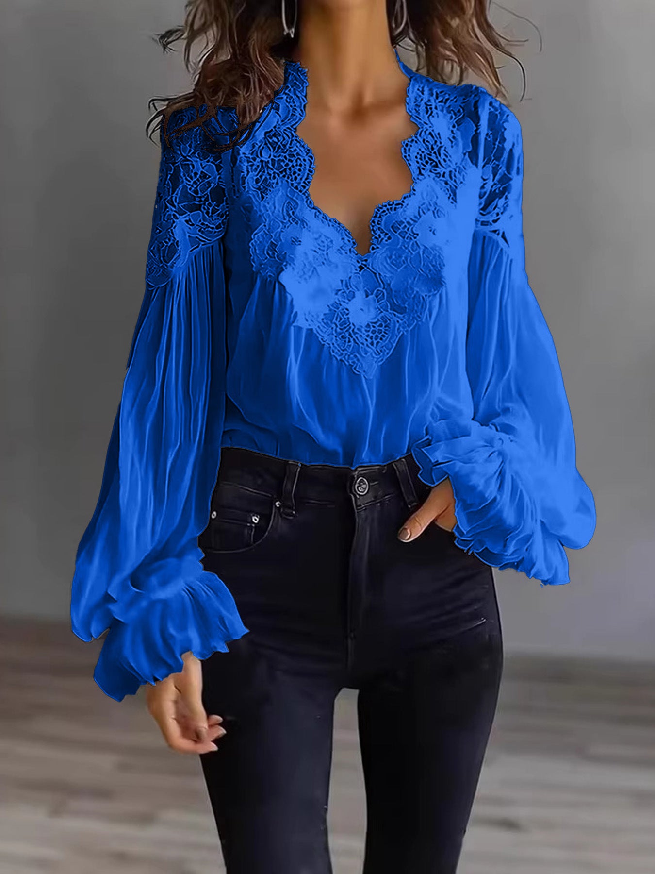 Women's Lace Stitching Puff Sleeve Pleated Shirt Blouse