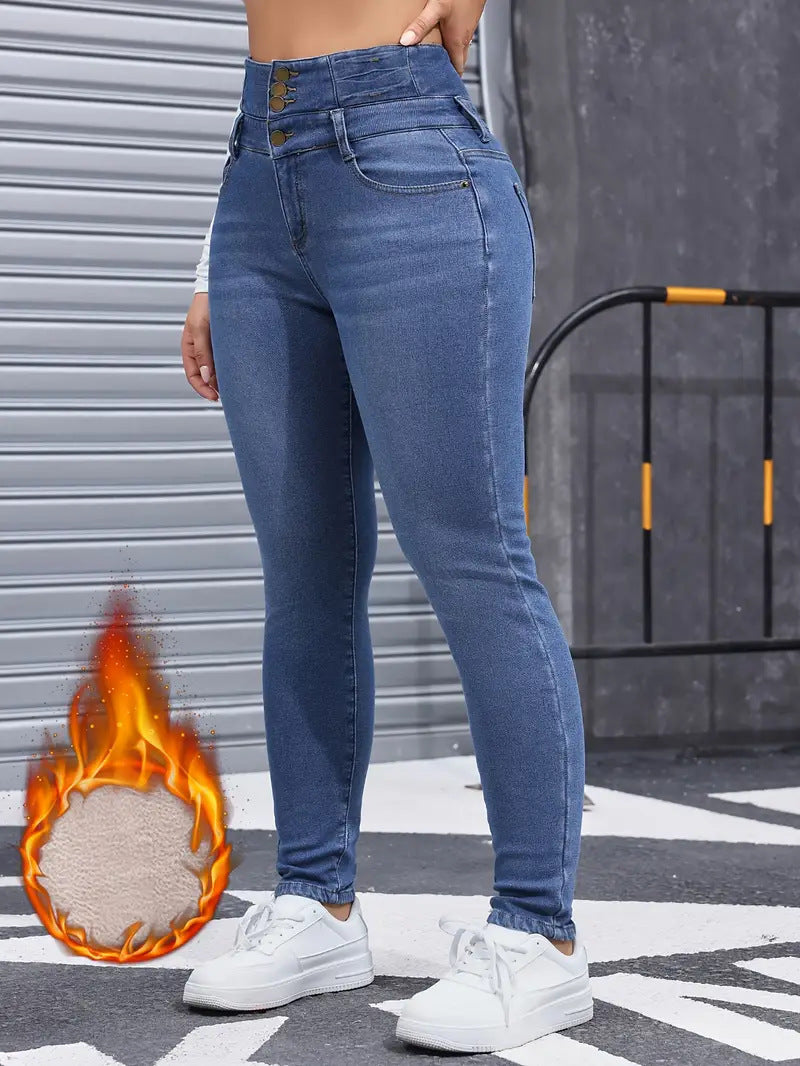 Women's Fleece-lined Elastic Skinny Blue Washed Slim Denim Jeans
