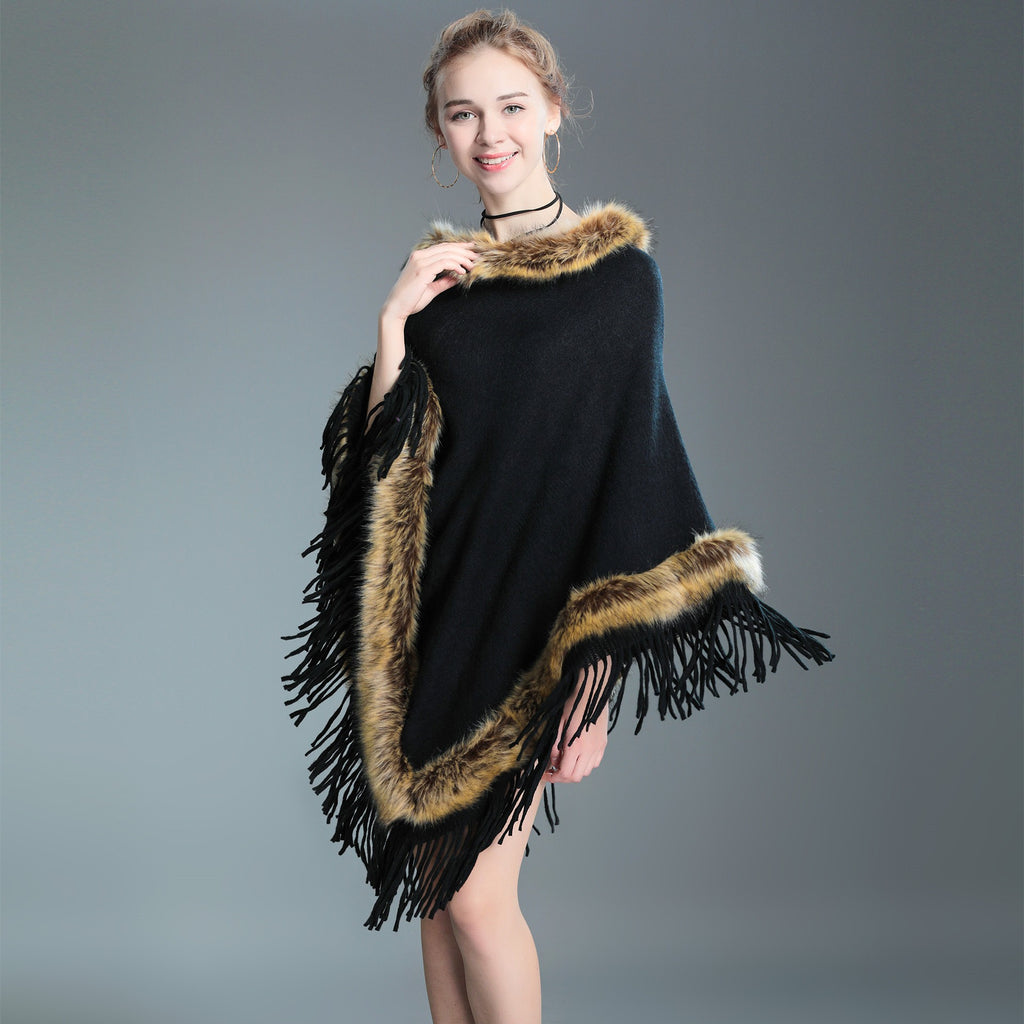Women's Raccoon Fur Collar Shawl Cape Tassel Women's Sweater