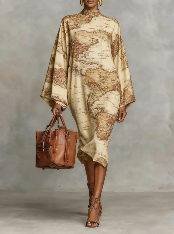 Trendy Autumn Digital Printing Fresh Retro Dress