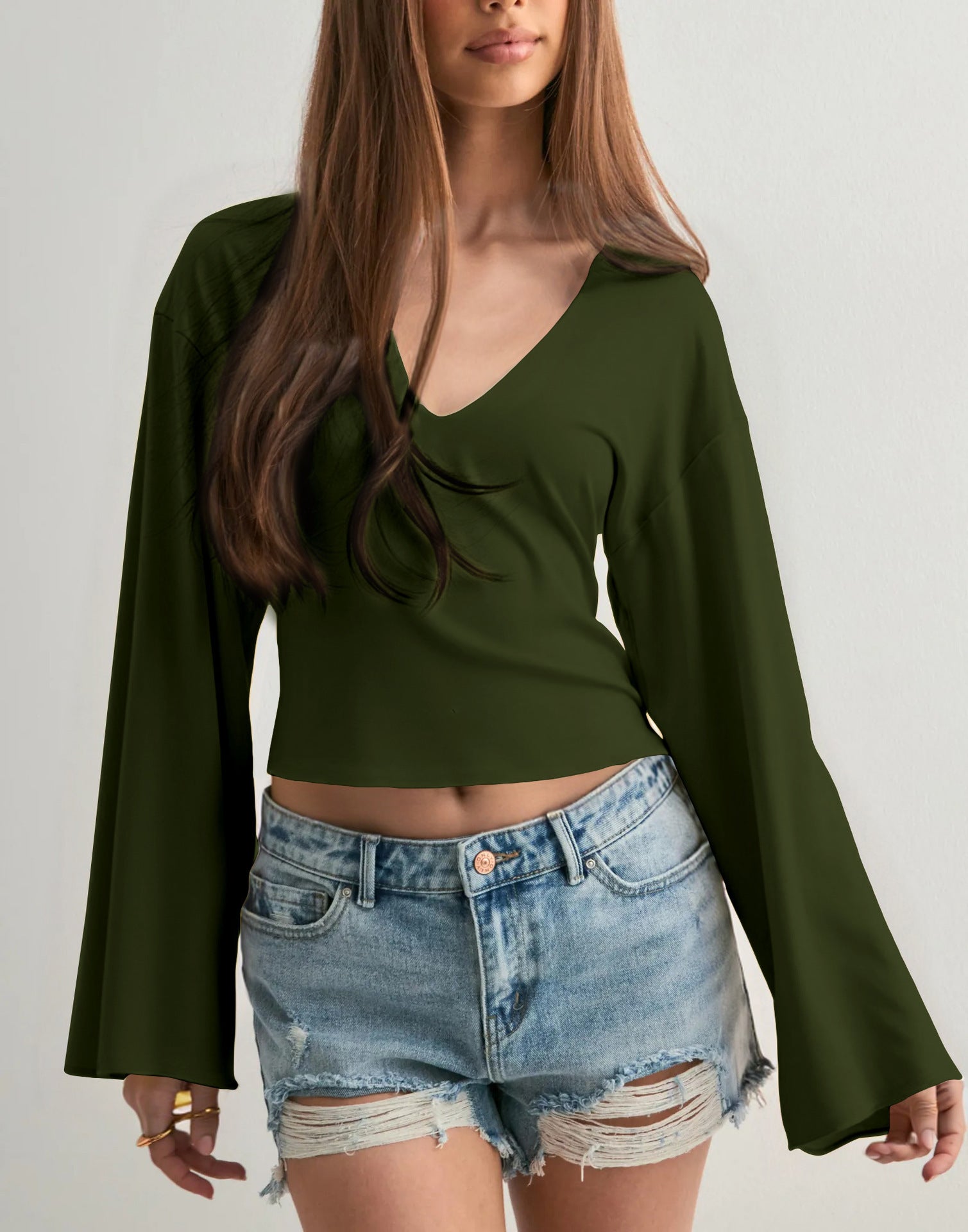 Women's Solid Color Flared Long Sleeved Fitted Women's T-shirt