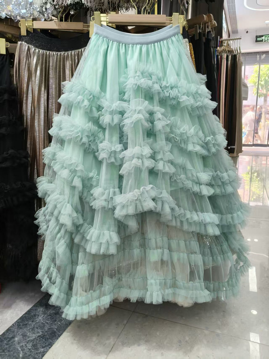 French Romantic Ruffled Mesh Bubble Front Back Long Irregular Cake Skirt
