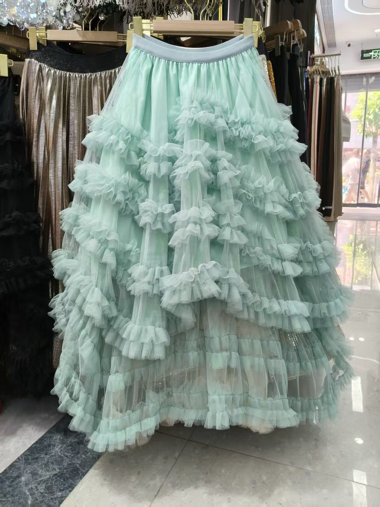 French Romantic Ruffled Mesh Bubble Front Back Long Irregular Cake Skirt