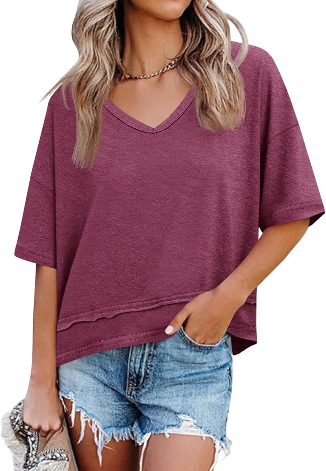 Women's Summer Fashion Wear Solid Color Stitching Women's T-shirt
