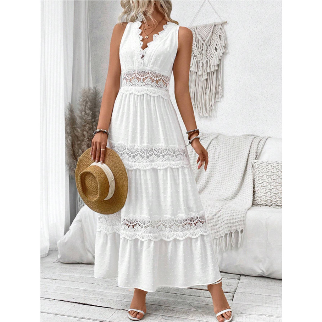 Women's Summer Lace Stitching Collar Sleeveless Dress