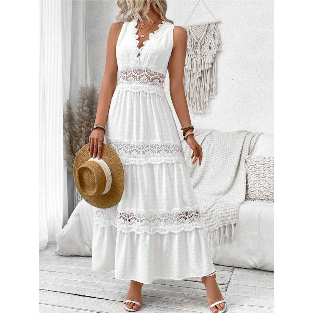 Women's Summer Lace Stitching Collar Sleeveless Dress