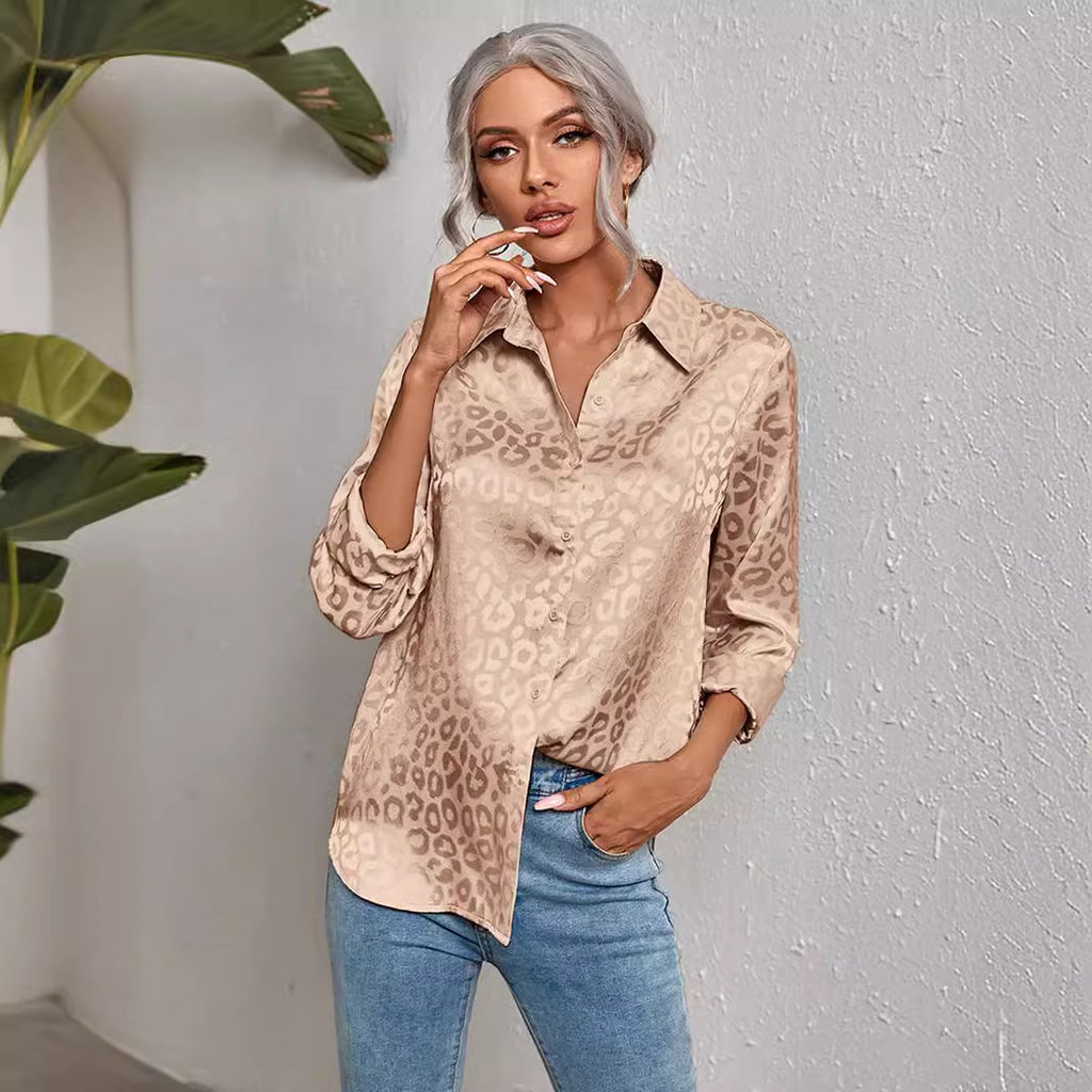 Women's Open Button Leopard Jacquard Shirt Temperament Commute Long Blouse