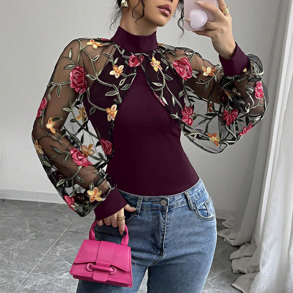 Women's Summer Sexy Floral Embroidered Lace Stitching Ruffle Fashionable Blouse