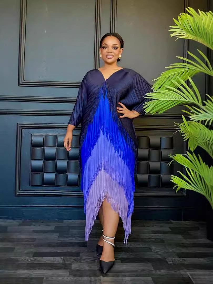 Unique Pleated Color Matching Tassel Bottoming Dress