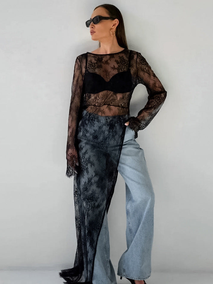 Women's Sexy Black Jacquard Lace Knitted Slit Dress