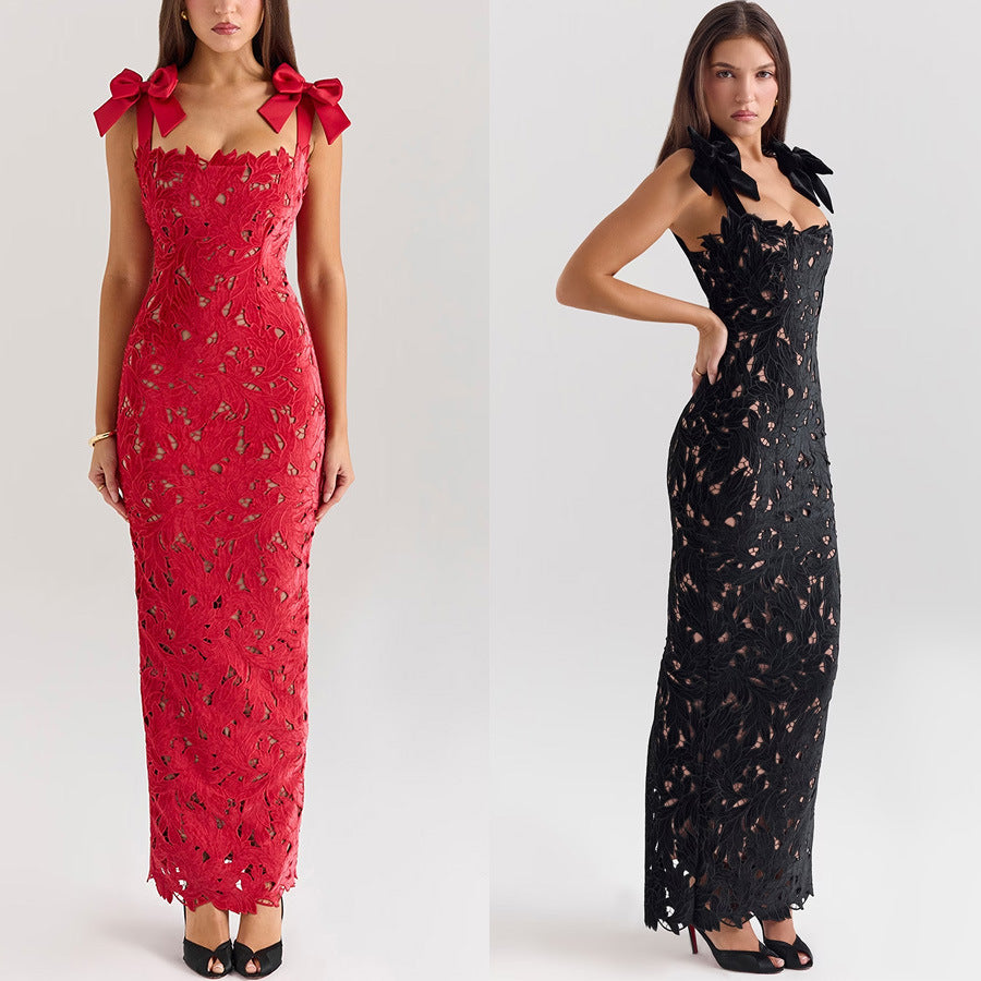 Women's Lace Bow Hip Leisure Vacation Party Dress