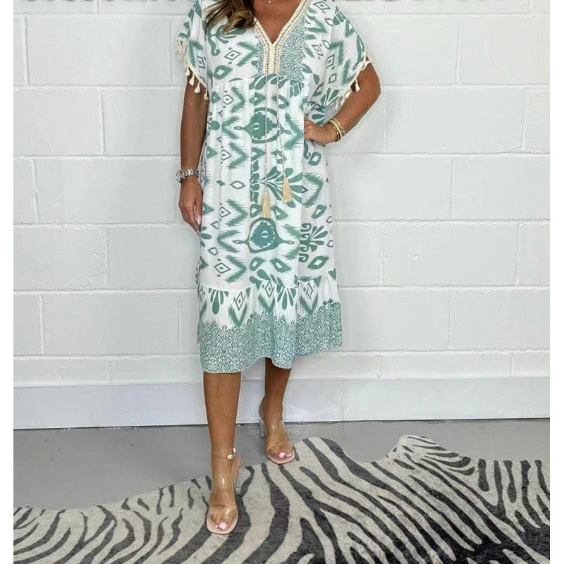 Women's Summer Fashion Printed Tassel Stitching Casual Dress