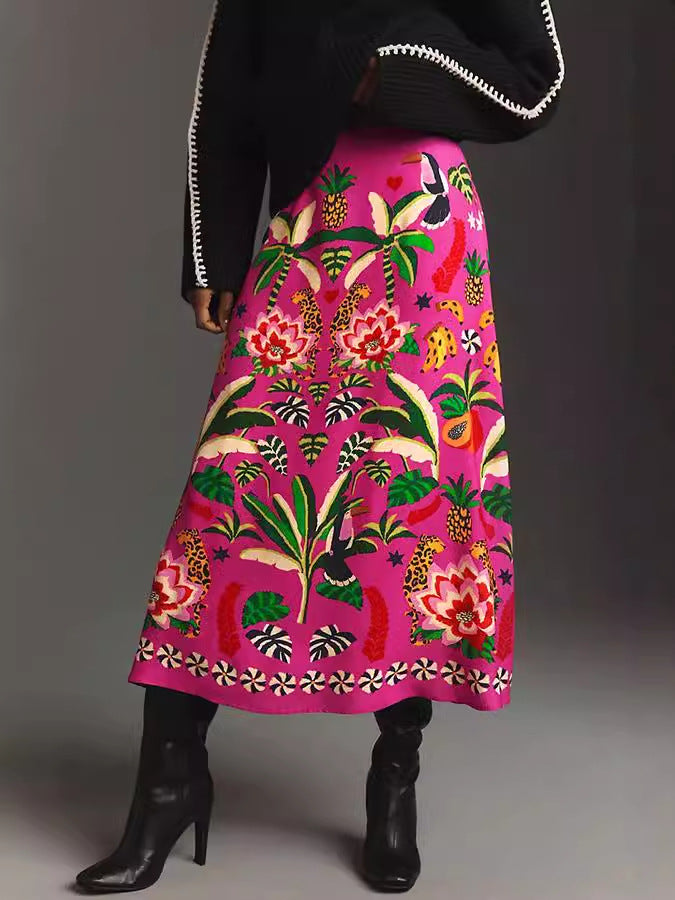 Women's Casual Fashion Tropical Plant Vintage Print Skirt