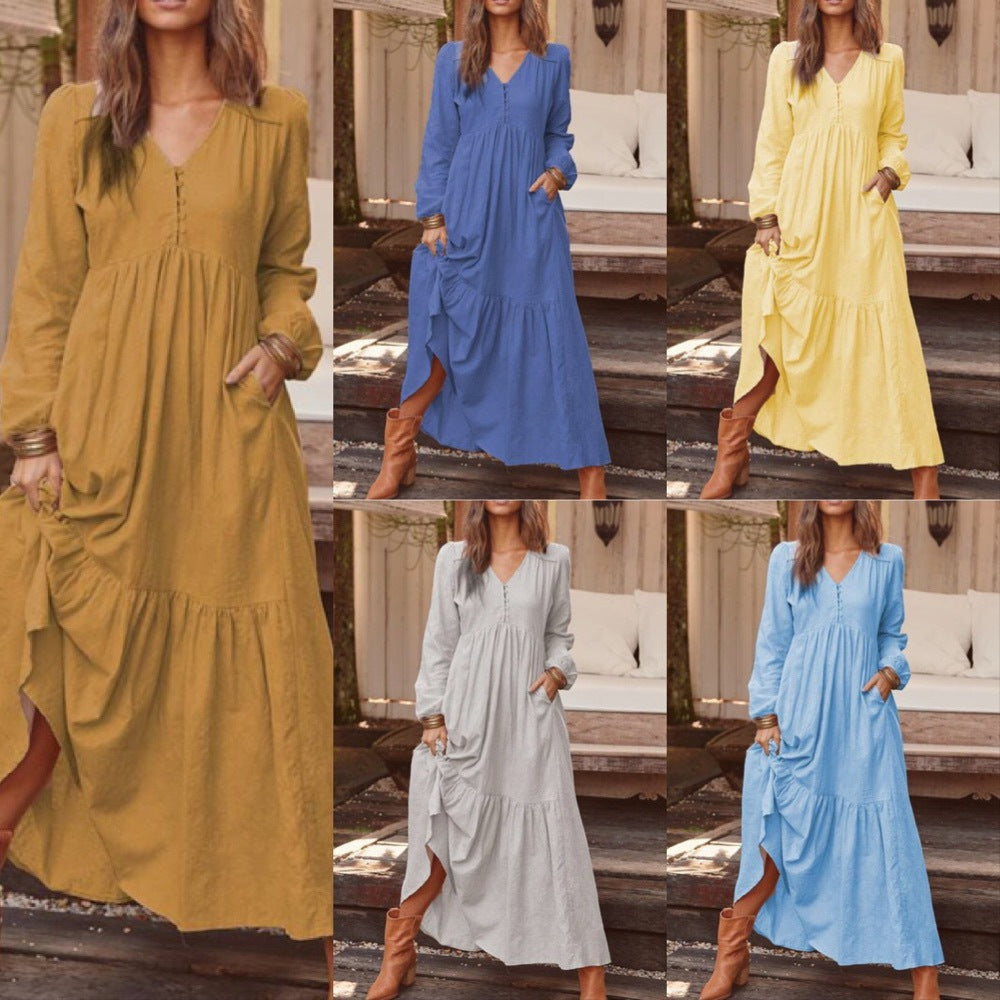 Women's Button Cotton Linen Retro Casual Long-sleeved Large Dress