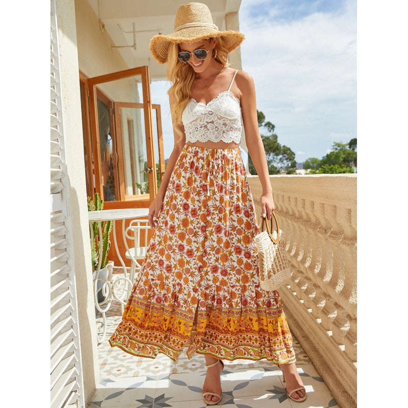 Waist Rayon Printed Breasted Split Seaside Holiday Skirts