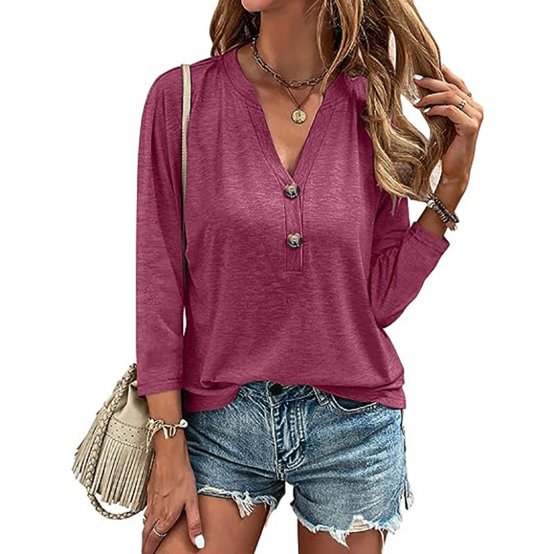 Women's Loose Solid Color Buttons Decorative Sleeve Tops