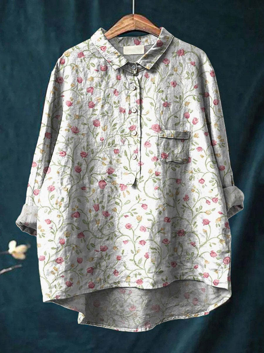 Women's Long-sleeved Personality Printing Lapel Comfortable Long Sleeve Half Button Blouse