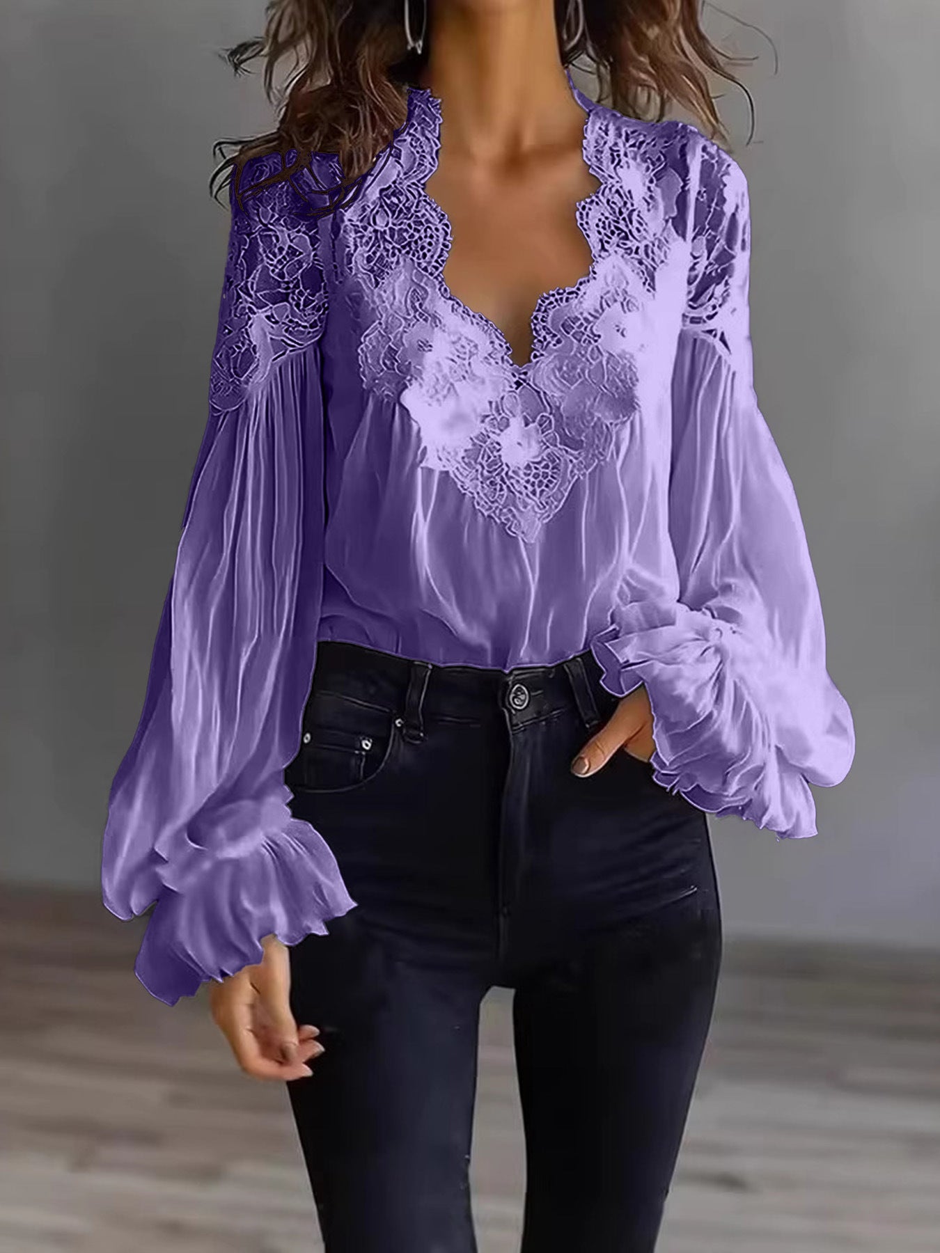 Women's Lace Stitching Puff Sleeve Pleated Shirt Blouse