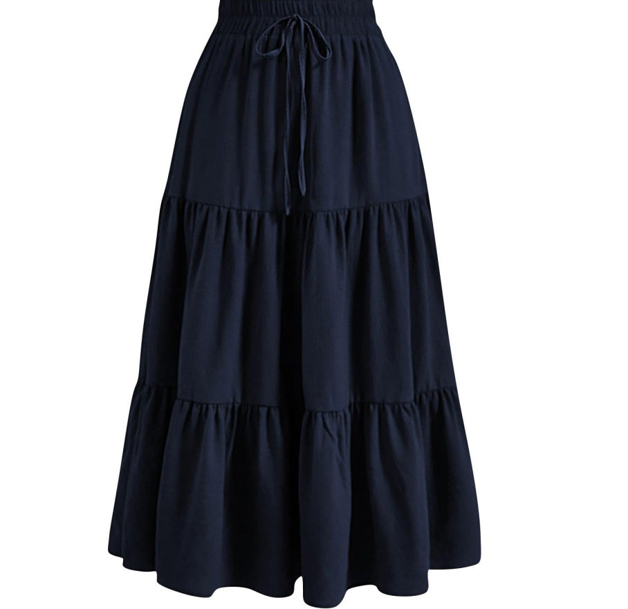 Solid Color Stitching Ruffle Elastic Pocket Skirts