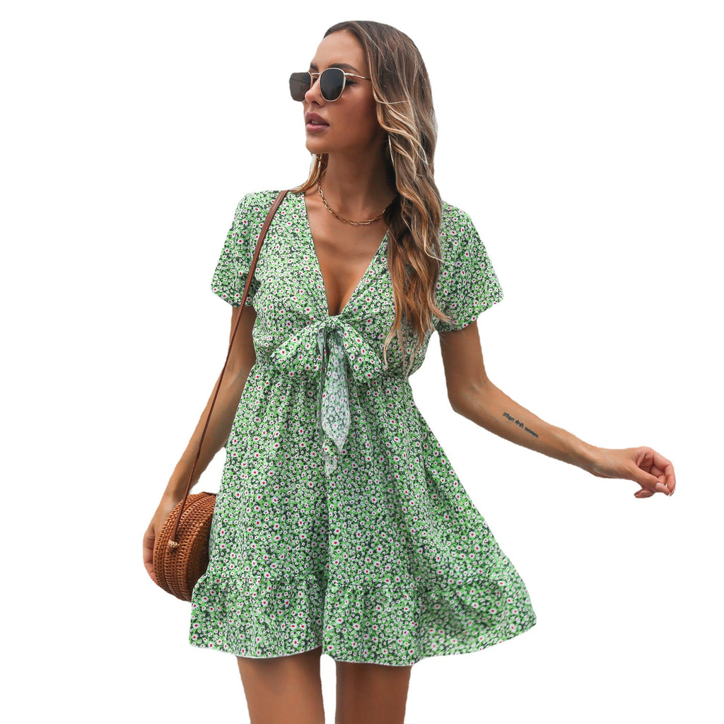 Women's Floral Ruffled Front Knotted Deep Sleeve Chiffon Dress