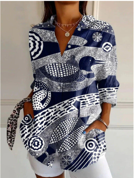 Women's Digital Printing Lapel Long Sleeve Linen Blouse