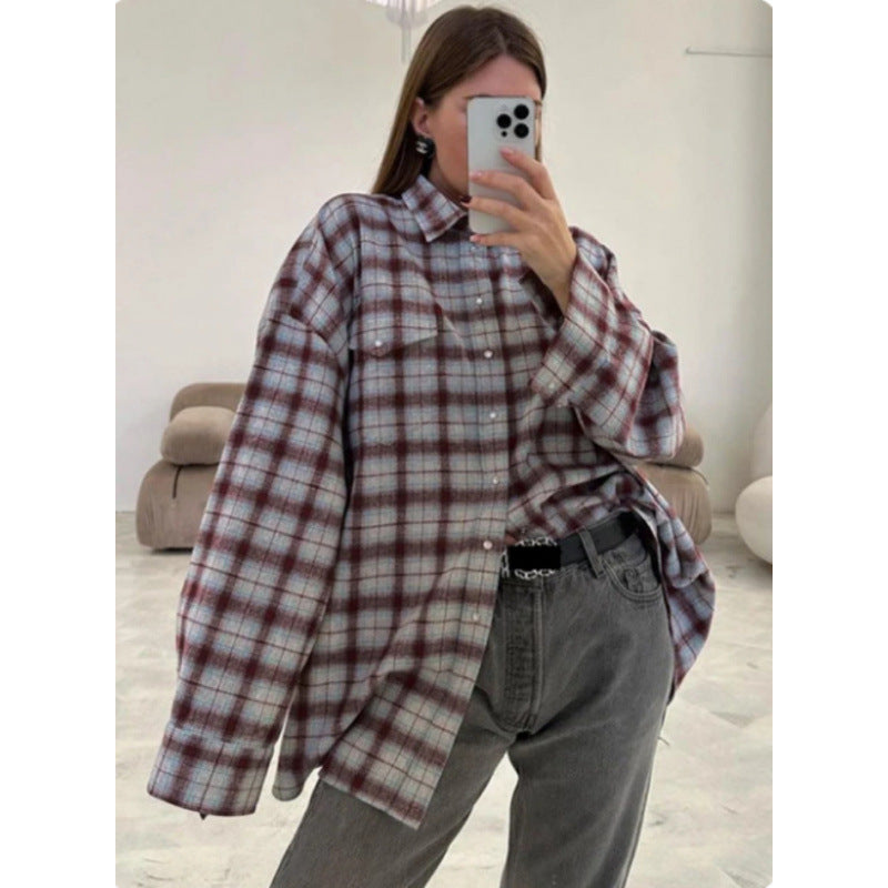 Women's Style Lapel Loose Shirt Autumn Plaid Long Blouse