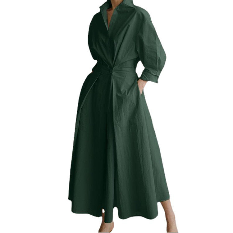 Commute Cotton Linen Solid Colored Lapel Collar Sleeve Elastic Waist Dress
