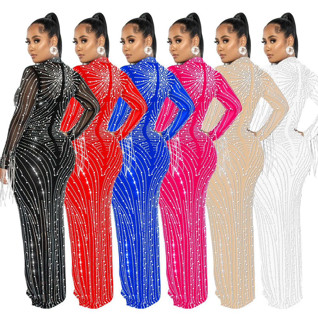 Women's Mesh Hot Drilling Long Sleeve Lining Two-piece Dress