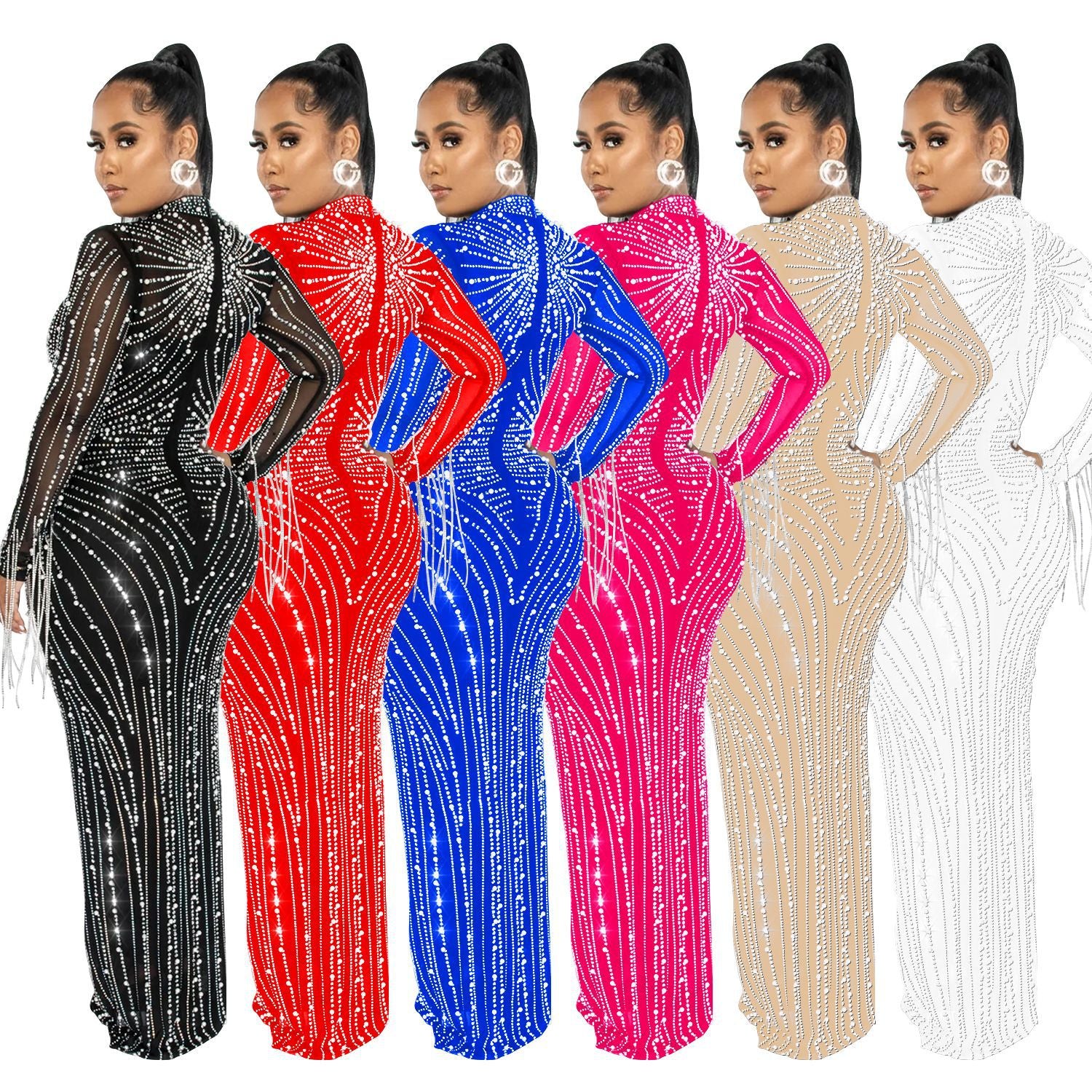 Women's Mesh Hot Drilling Long Sleeve Lining Two-piece Dress