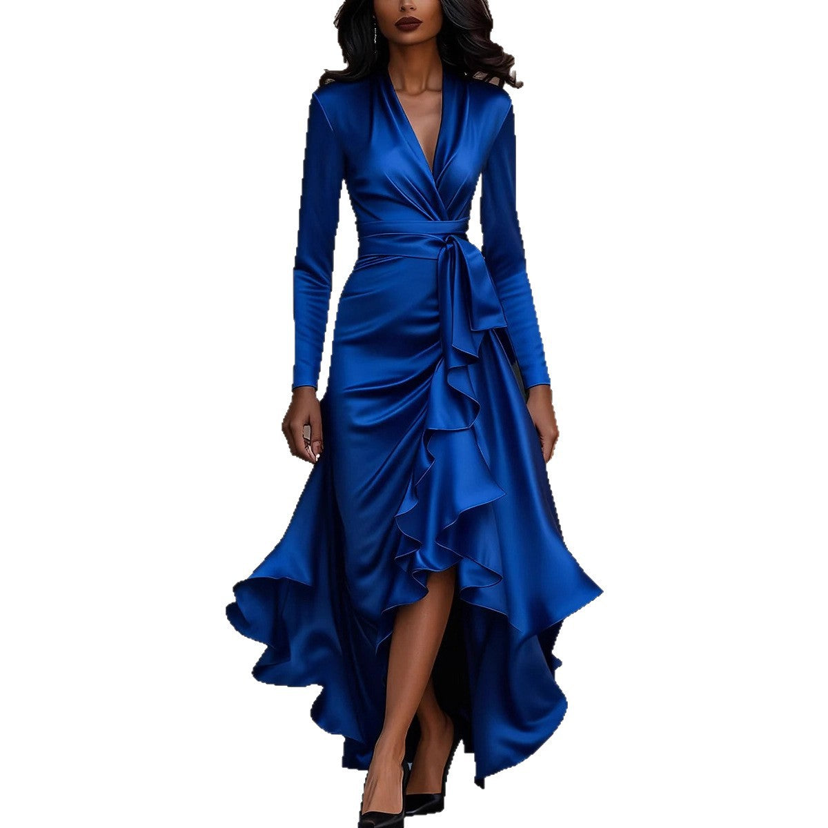 Women's Satin Waist Trimming Ruffles Elegant Dress