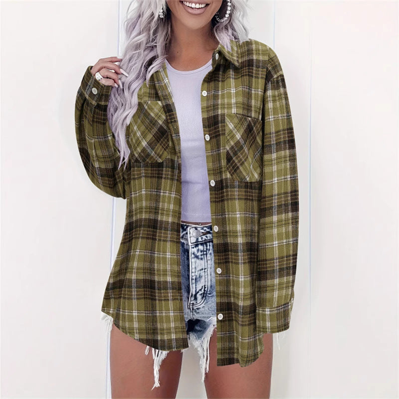 Women's Spring Plaid Printed Long Sleeve Lapel Cardigans